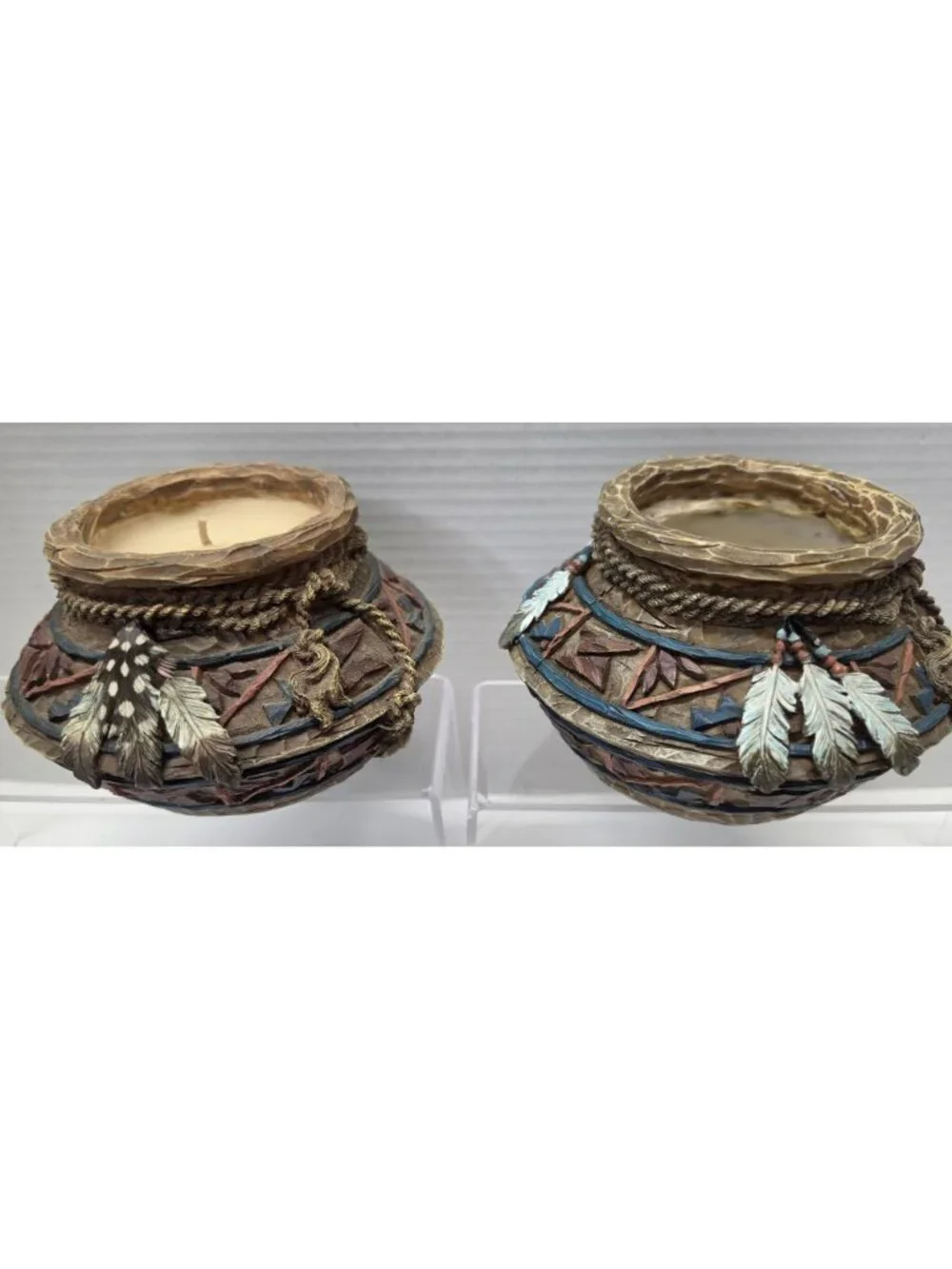 Southwestern Resin Feather Pot Candle Holders Bowl Decor Lot of 2